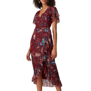 Vone Mireya Dress Red Floral Printed Lace Side Flutter Slit US 10 UK 12